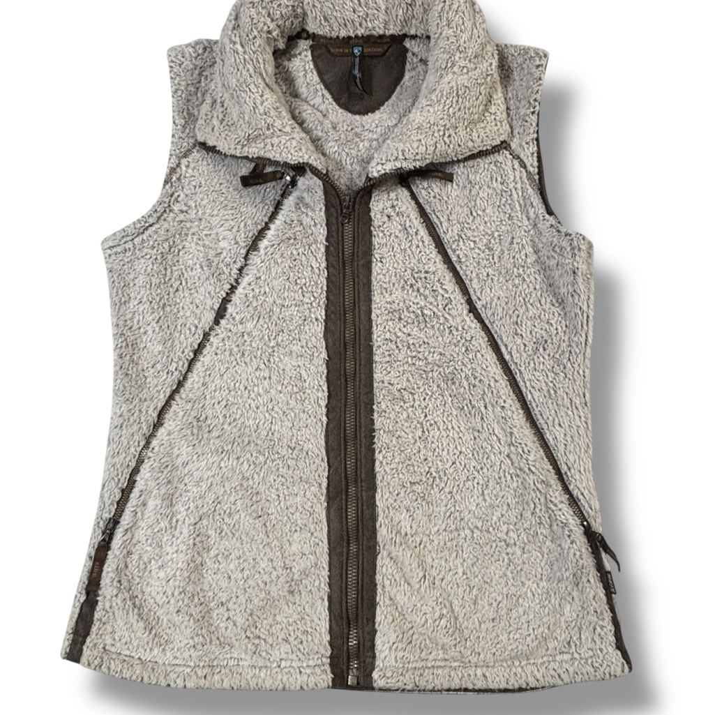 Kuhl Flight Italian Fleece Hooded Vest Brown Women L 4 Zip Pockets